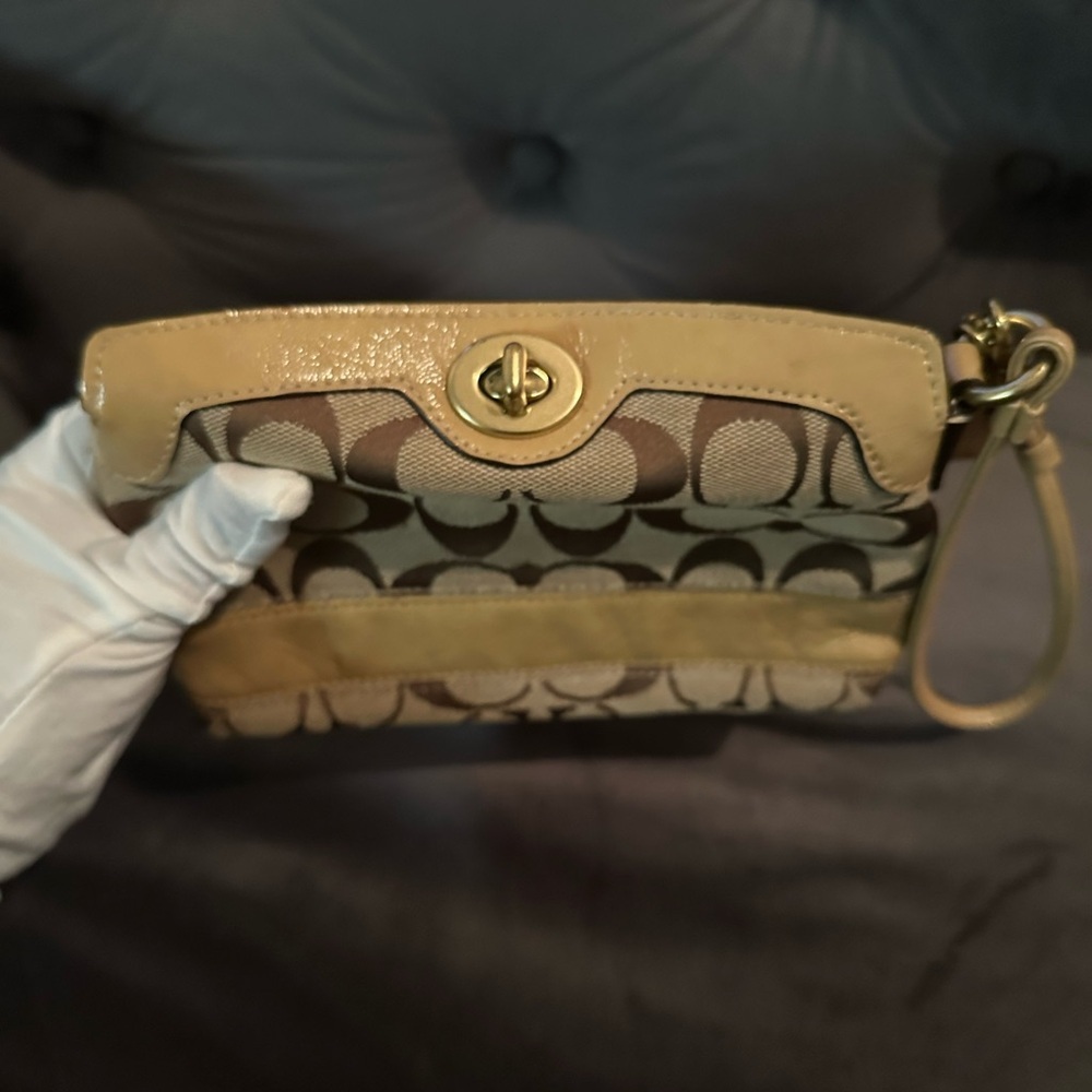 Coach Women's Tan Signature Fabric Leather Trim Turn Lock Minibag/Wristlet - Picture 5 of 16